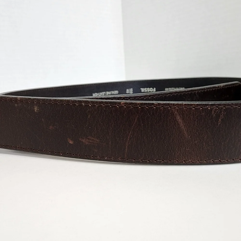 Fossil Brown Genuine Leather Belt Silver Buckle Size 100/40